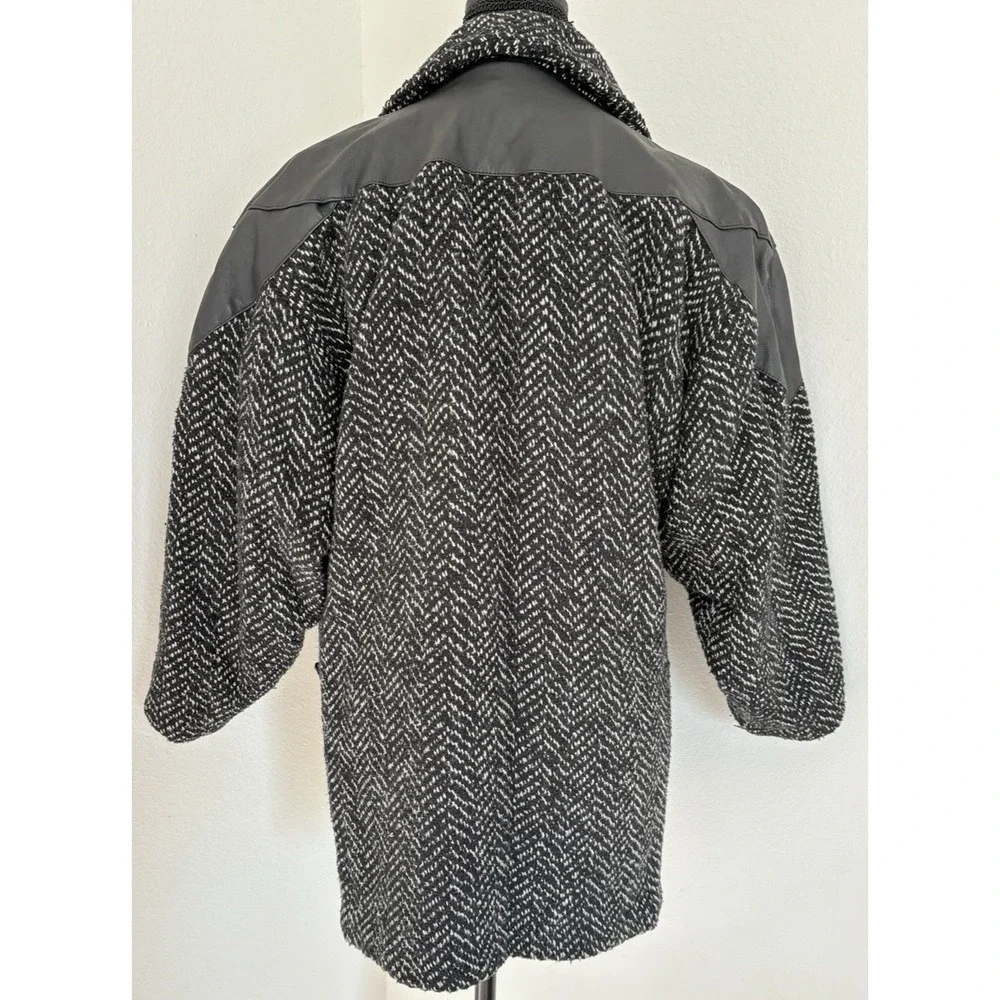 Vintage 80s Herringbone Tweed Wool Coat Leather Trim‎ Working Girl Blazer 9-10